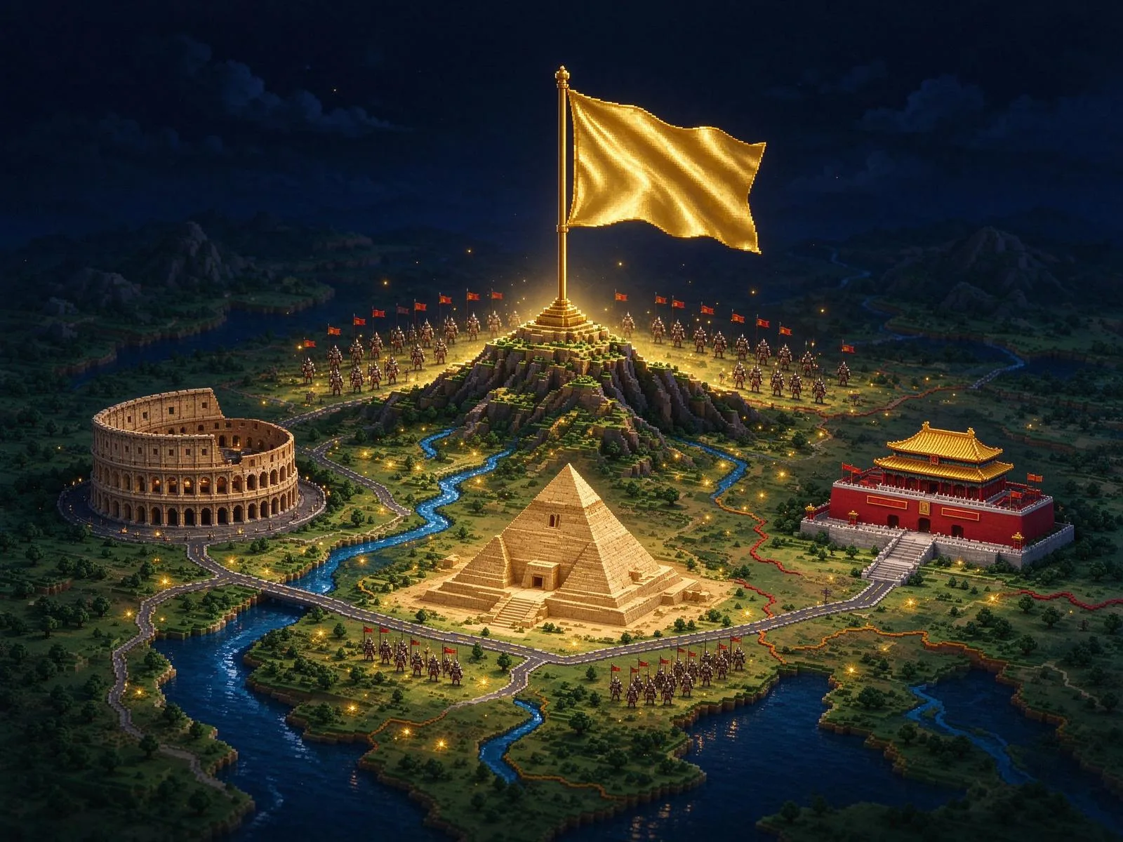 体素大陆版图与金色旗帜